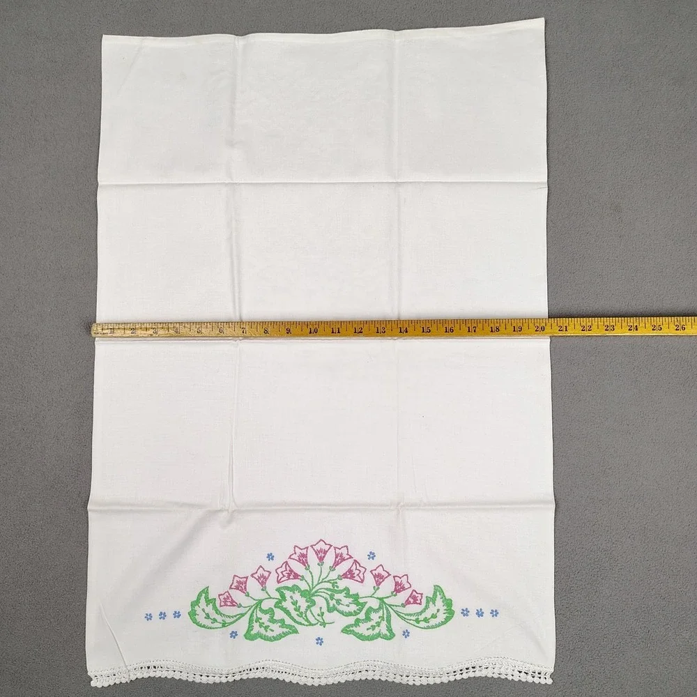 Vintage MCM Floral Embroidered Pillowcase Set (2) Standard Handmade Lace Trim EC